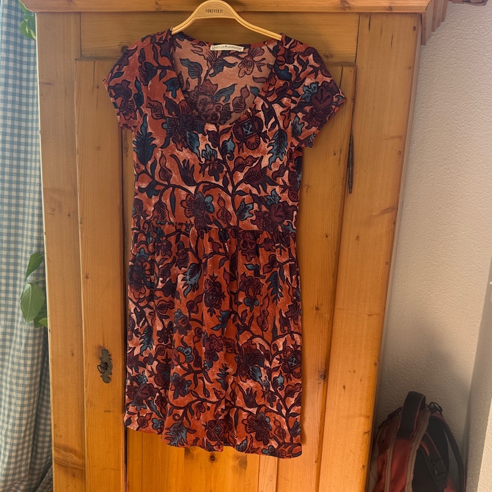 Peruvian Connection Print Short Sleeve Dress in Rust and Navy